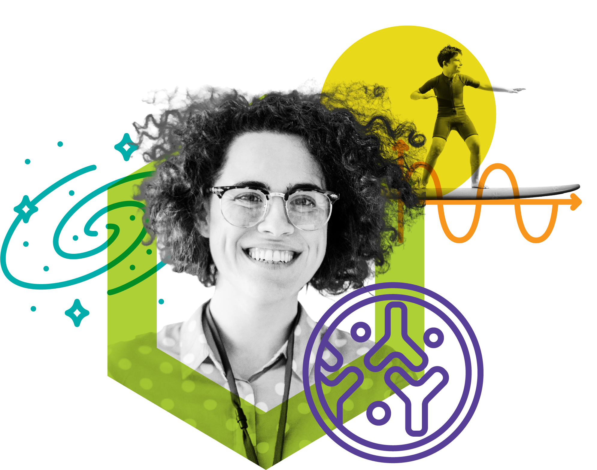 A tile featuring a woman wearing glasses and a man riding a surf board, overlaid with scientific illustrations of a galaxy and a wave